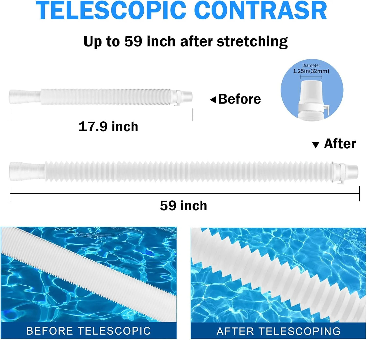 Pool Pump Hose 1.25″ x 59″, w/Clamps, For Above Ground Pools