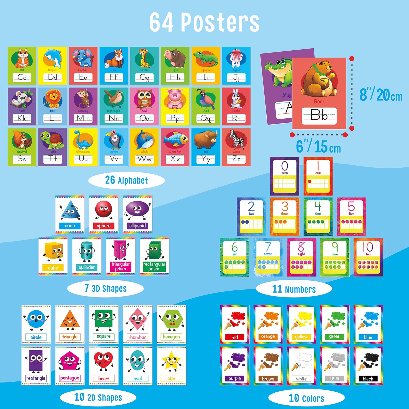 64 PCS Educational Cards, Laminated Water/Tear Proof Preschool Learning Poste…
