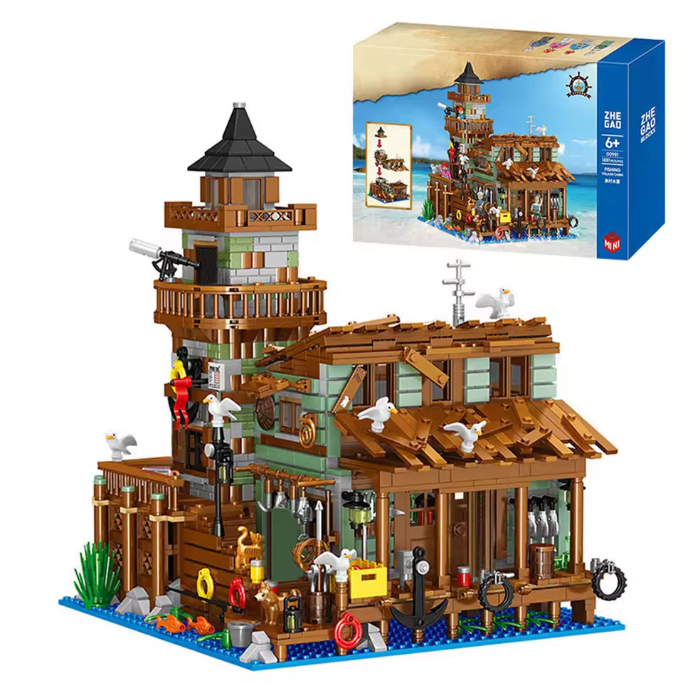 1881PCS Creative Fishing Village Cabin Building Blocks Seaport Wood House Assemb