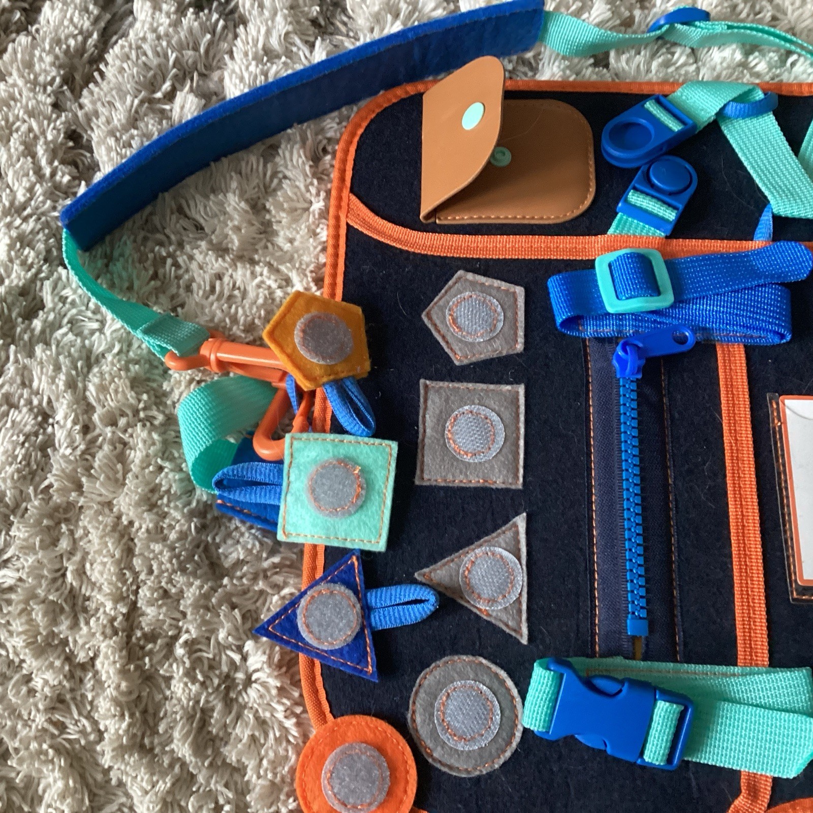 Montessori Toddler Busy Board Learning Backpack W/ Buckles Zippers Snaps Shapes