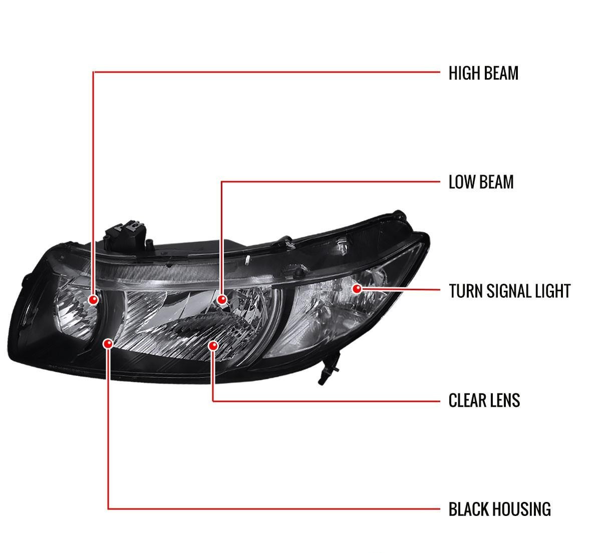 06-11 Honda Civic Coupe 2-Door Headlights Black Housing Clear Reflector Pair L&R