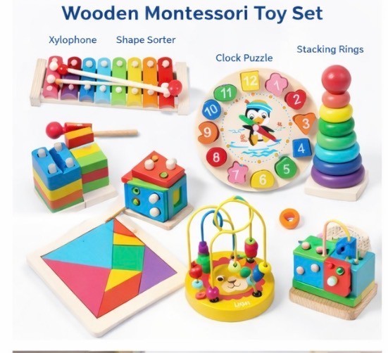 Montessori Wooden 8-in-1 Educational Toy Set for Toddlers 3+ | Learning Bundle