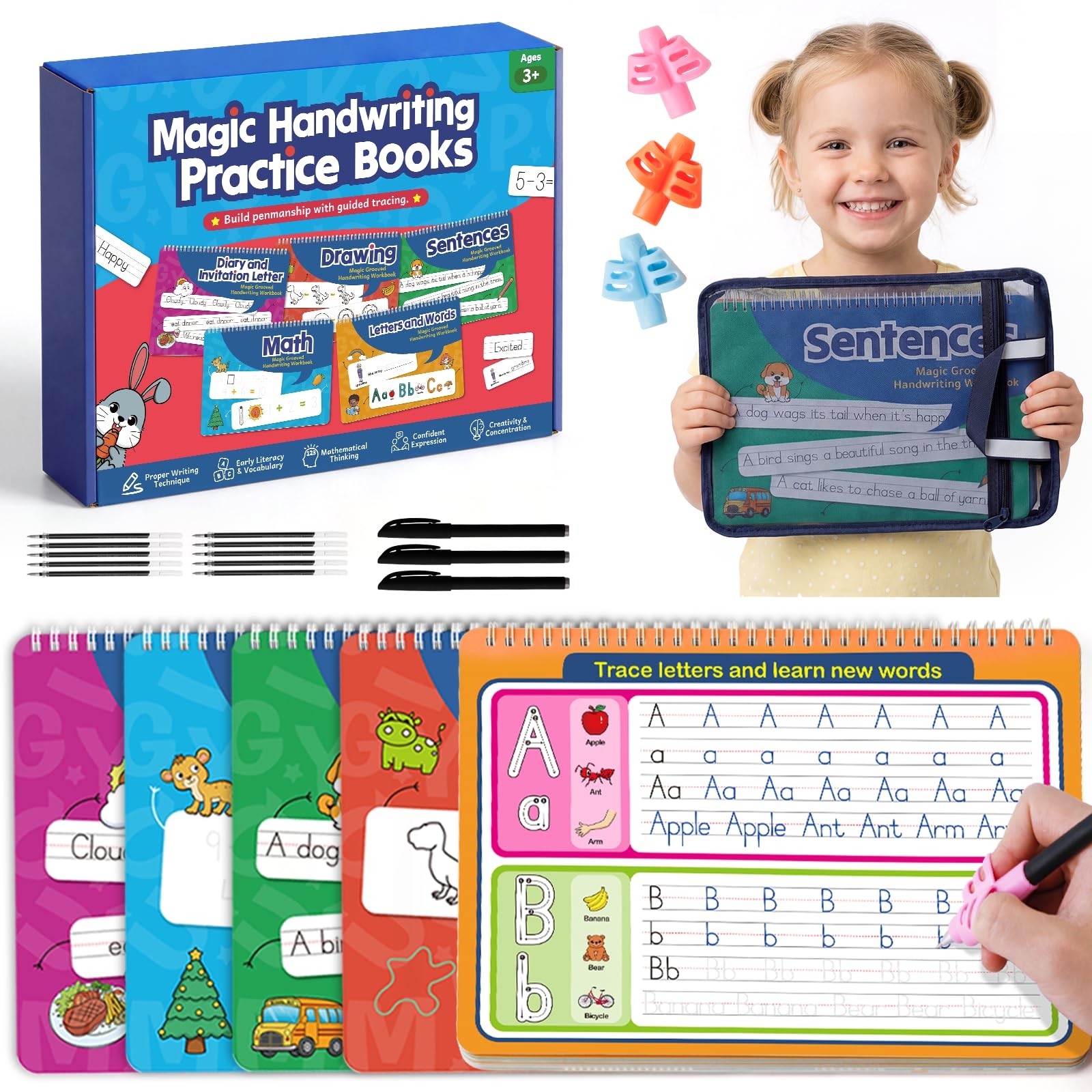 5 Magic Grooved Writing Practice Books With Storage bag PensReusable 3D Groov…