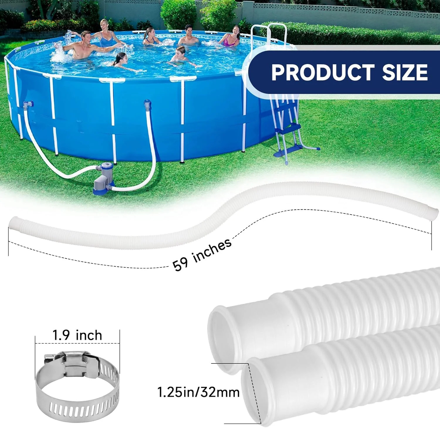 Pool Hoses for Above Ground Pools, 2 Pack 1.25 x 59 Inch Pool Filter Pump Hoses,