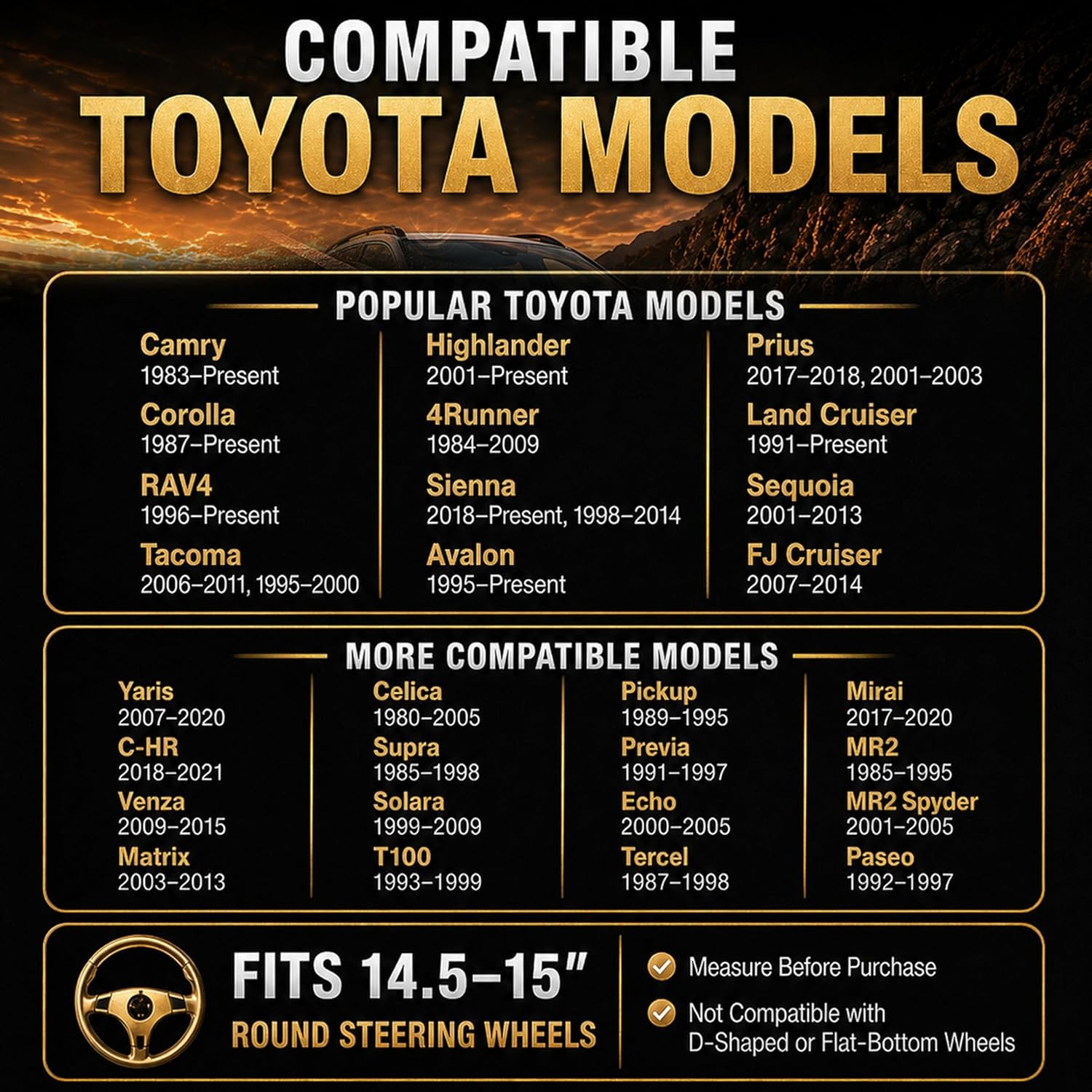 Custom-Fit Steering Wheel Cover for Toyota Camry, Corolla, RAV4, 14.5–15″,