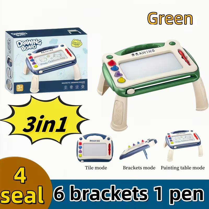 Kids Educational Magnetic Drawing Board w/ 4 stamps 1 pen and 6 brackets – GREEN
