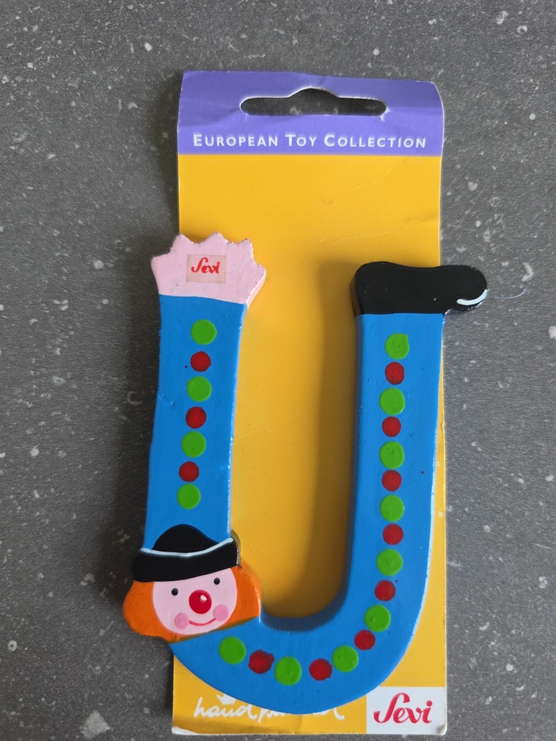 Vintage NOS Sevi Hand Painted Alphabet Blue Letter U Painted Wood Clown