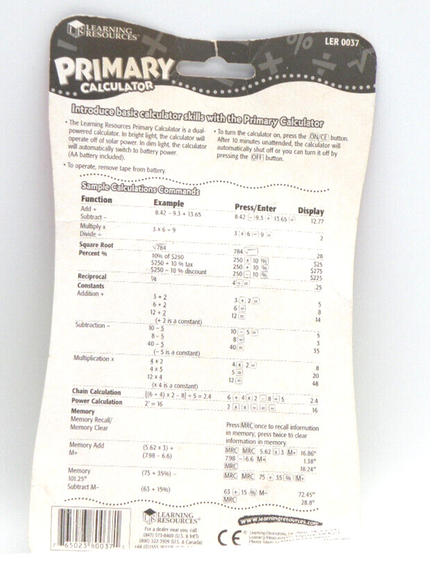 Primary Calculator Learning Resources Solar & Battery Powered LER 0037 NOS