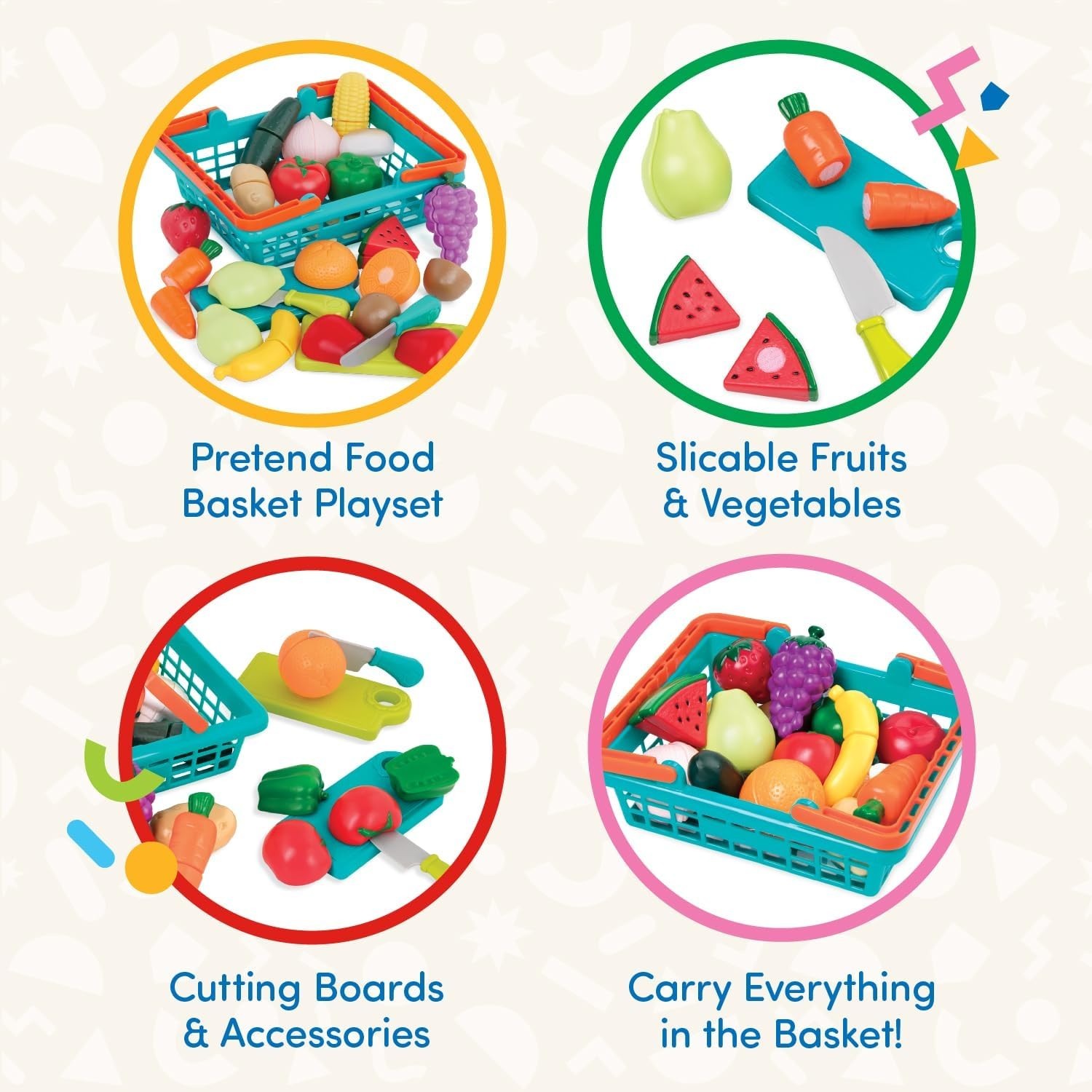 Multicolor Farmers Market Toy Food Basket for Creative Pretend Play – 37 Pieces