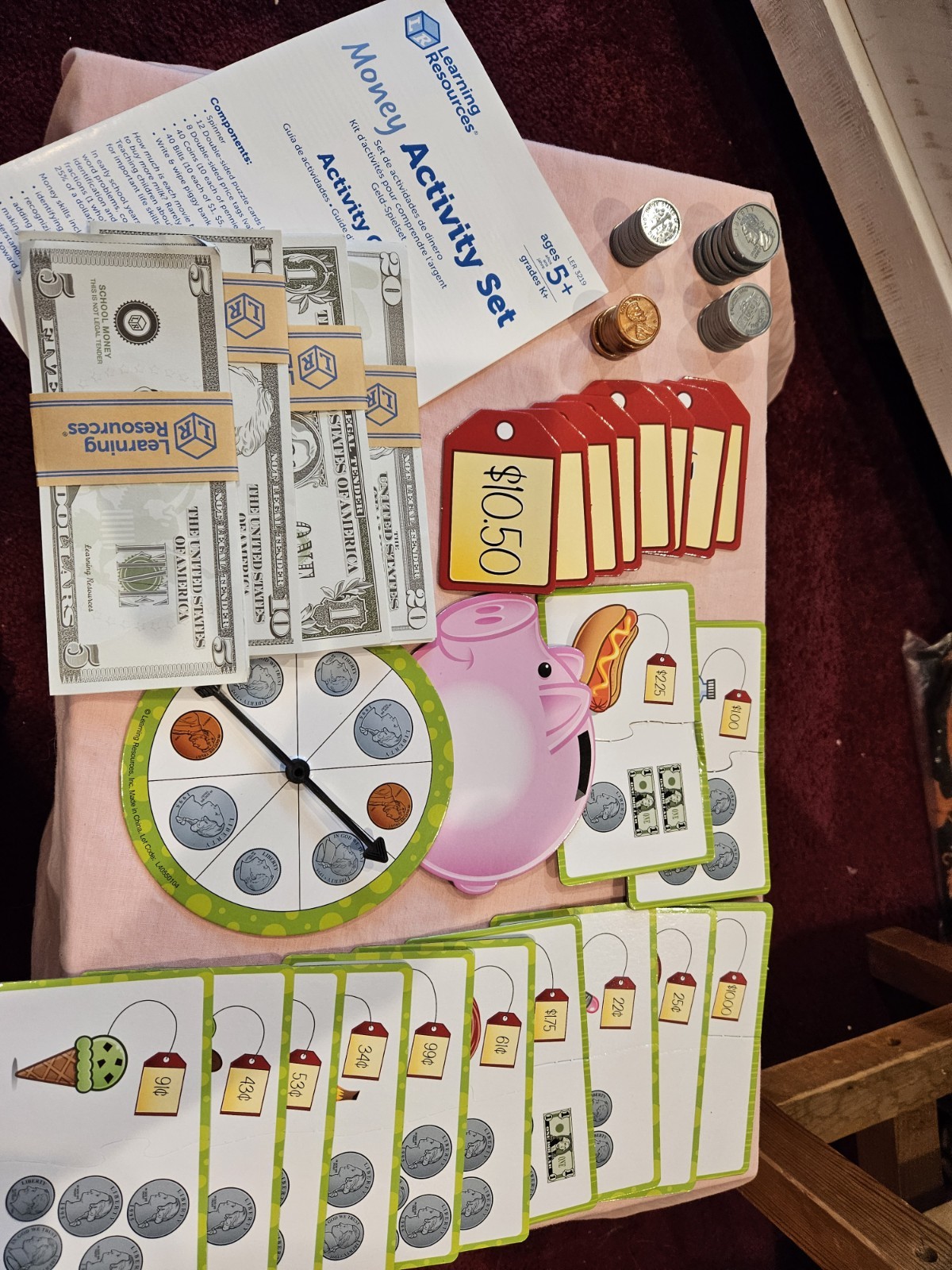 Learning Resources Money Activity Set 102 Pieces Coins Spinner and Money + Xcoin