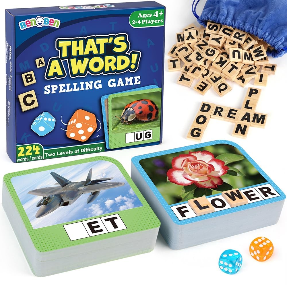 Spelling Games for Kids, 224 Flashcards 208 Wooden Letter Tiles, Ages 4-8