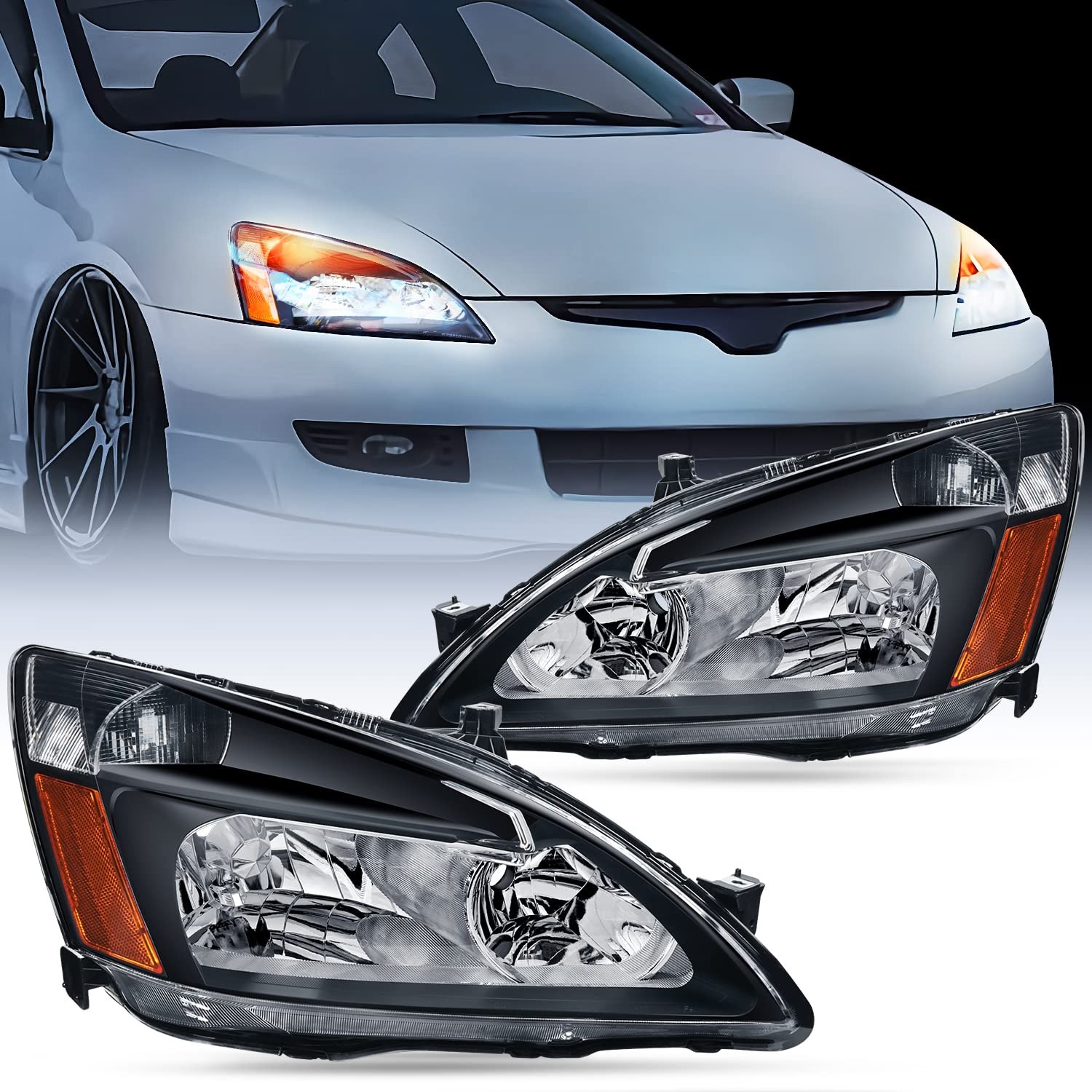 Black Housing Headlight Assembly For 2003-2007 Honda Accord Pair Amber Reflector