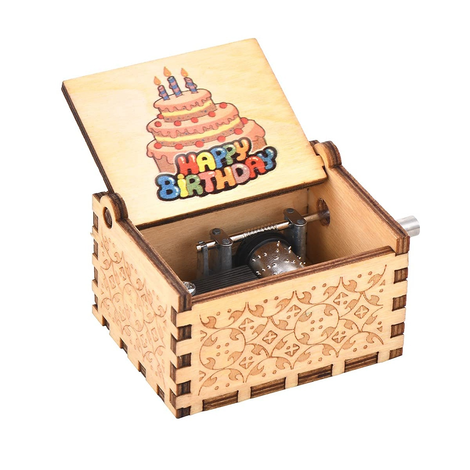 Wood Music Box, Wooden Hand Crank Musical Instrument with Melody Happy Birthd…