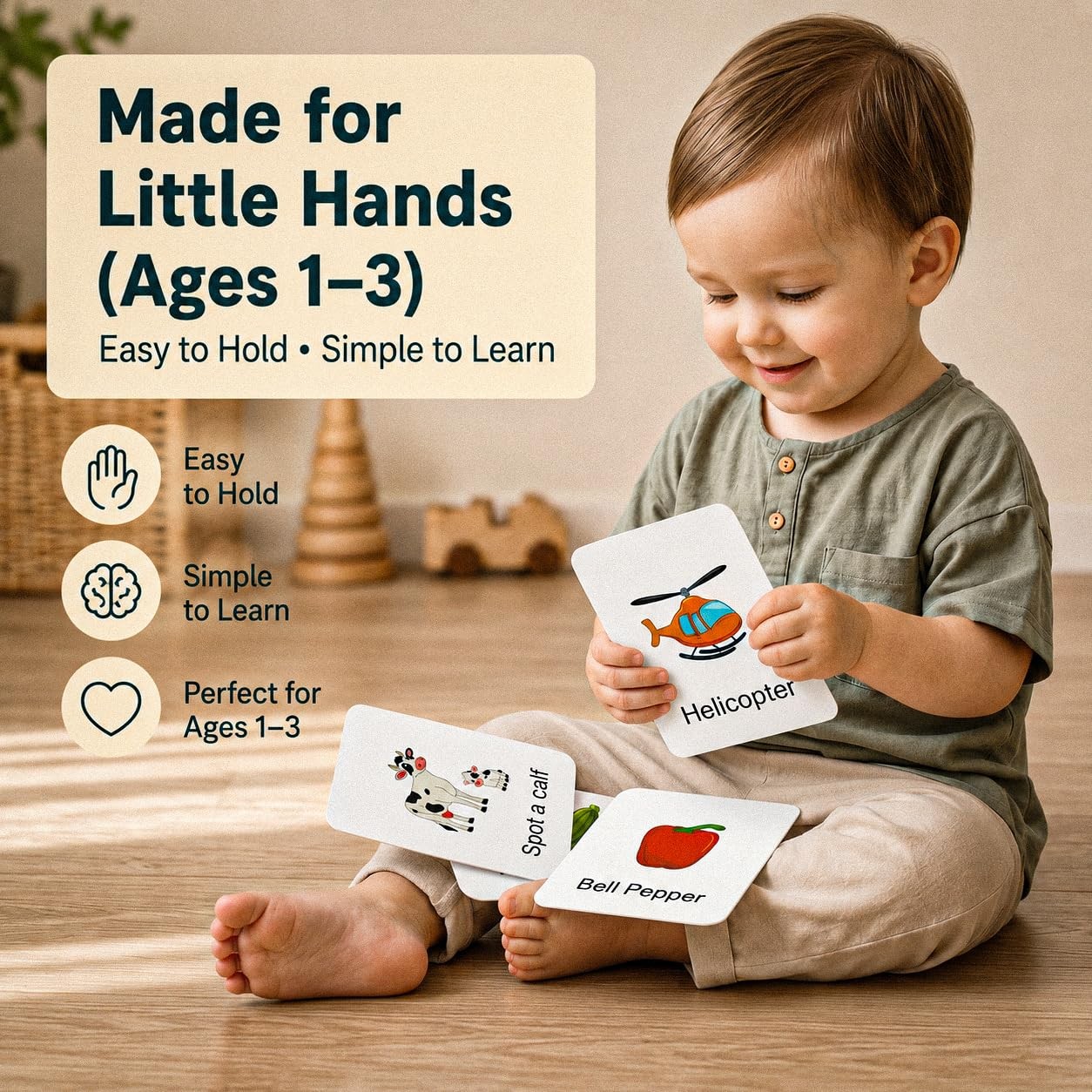 Flash Cards for Toddlers 1–3 – 55 Thick & Durable Learning Flashcards, First …
