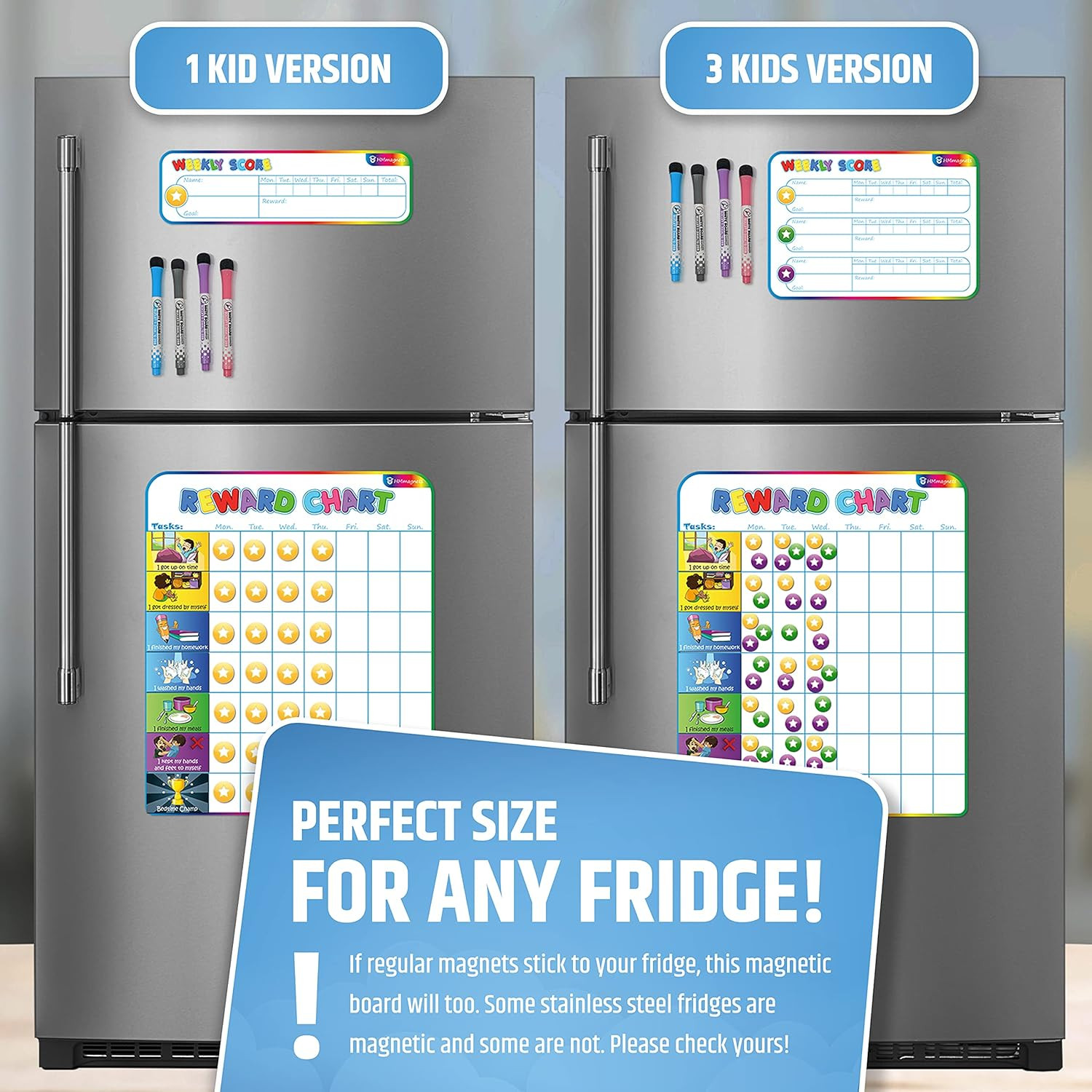 Large Magnetic Reward Chart for Multiple Kids (1-3 Kids) – 127 Pre-Written Stick