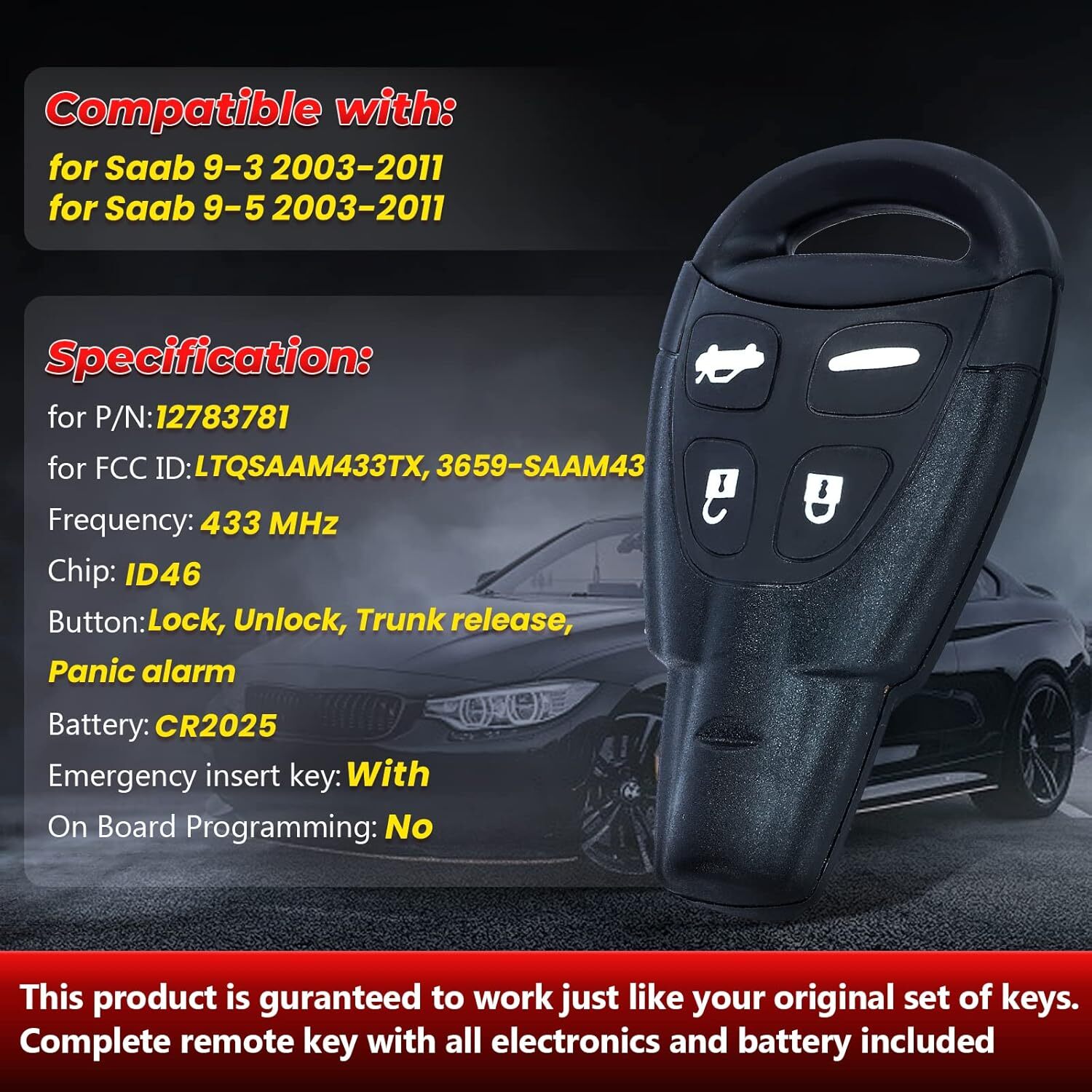 Saab 9-3 Complete Remote Key Fob 2003-2007 433MHZ ID46 Chip FCC LTQSAAM433TX