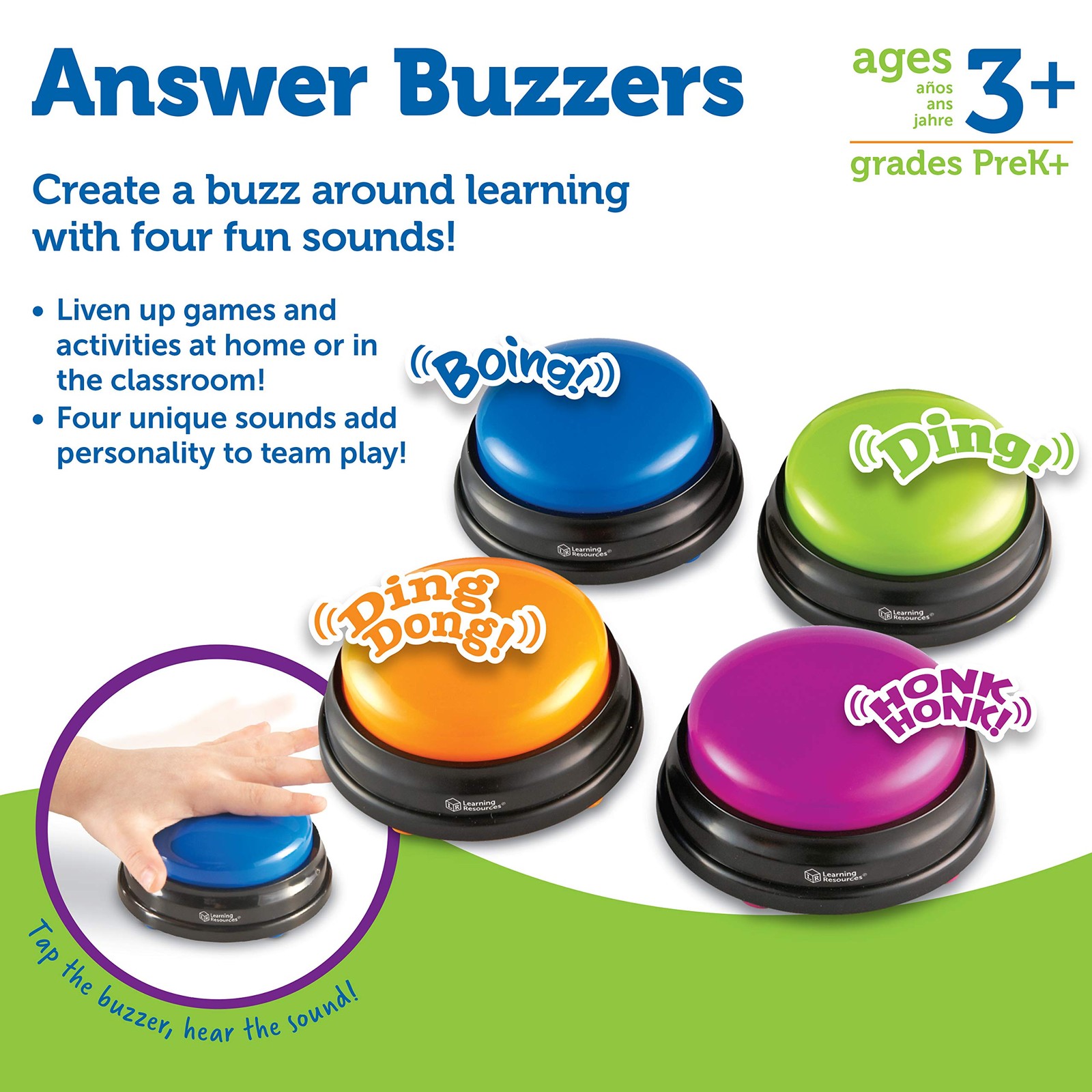 Learning Resources Answer Buzzers, Set of 4 Assorted Colored Buzzers, Ages 3+,
