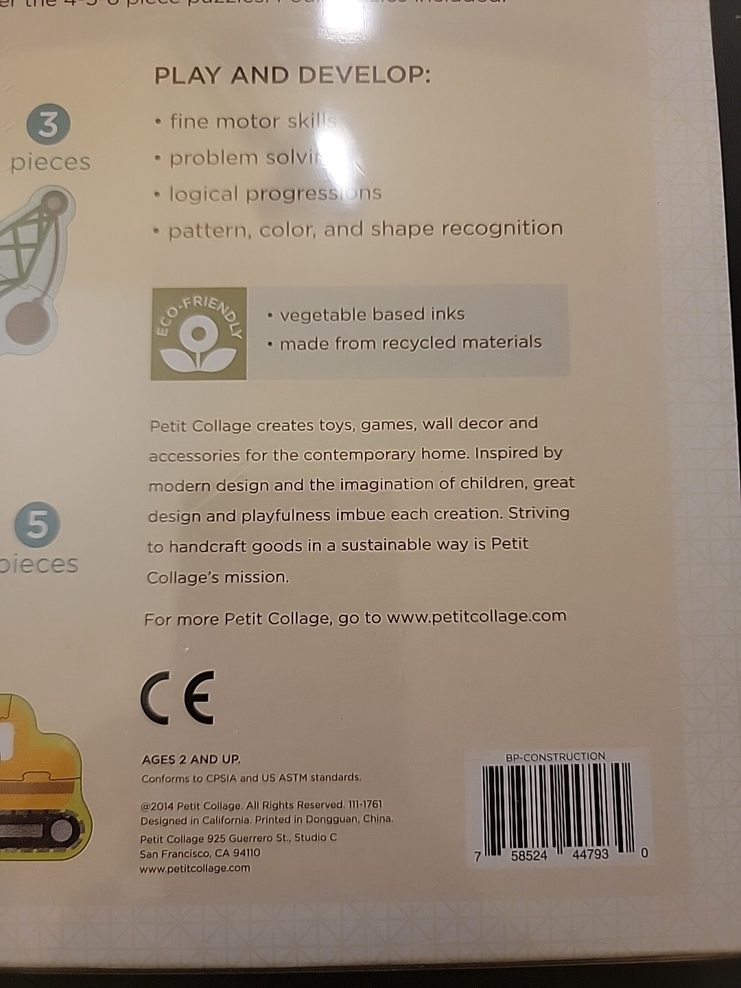 Petit Collage Beginner Puzzle Toddlers ECO Friendly Ages 2+ Construction NEW