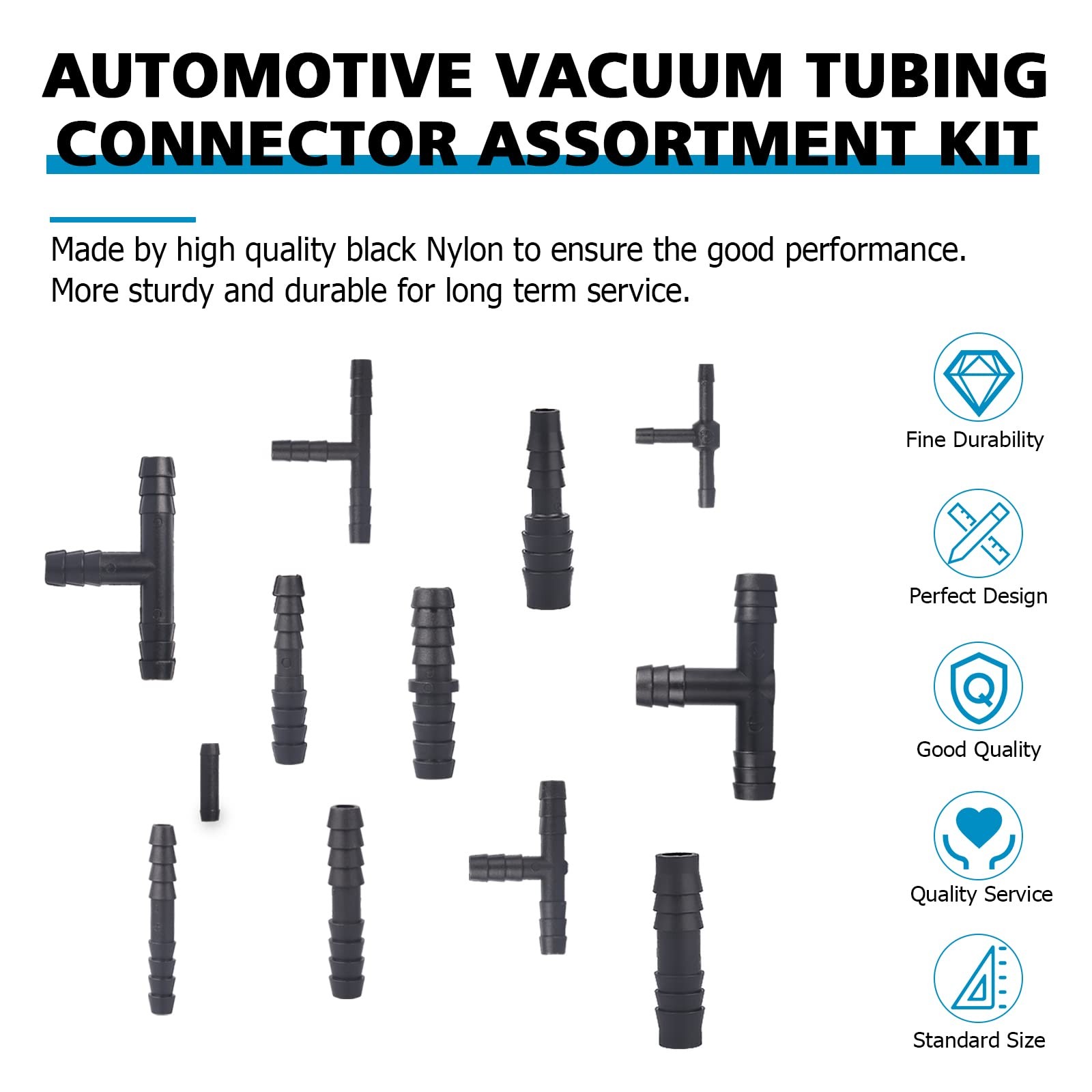 Easily 115 PCS Vacuum Connector Kit Nylon 66 Heat Resistant 240℃, 12 Sizes Black