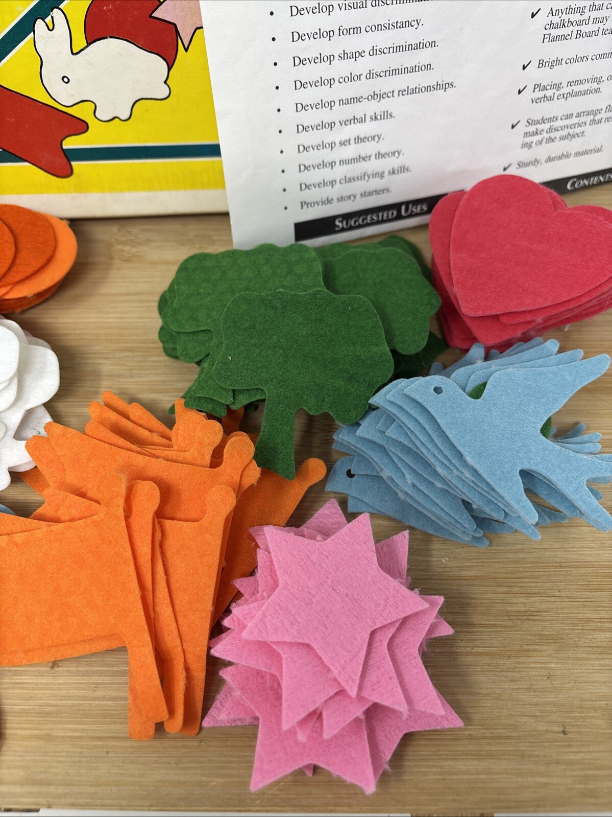 Vtg Flannel Board Cut-outs Shapes Animals Hearts Flags Colors Trees Stars