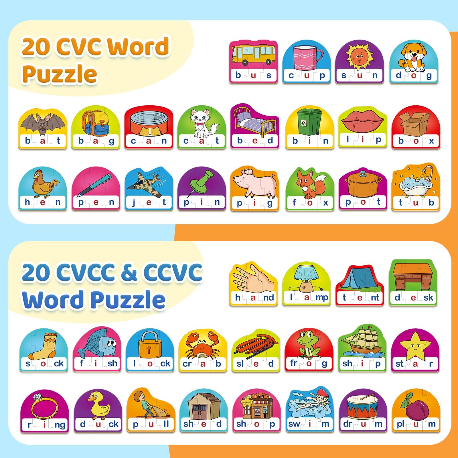 Phonics & Word Puzzle Cards for Kids 3+, 2 in 1 CVC & CVCC Reading and Spelli…