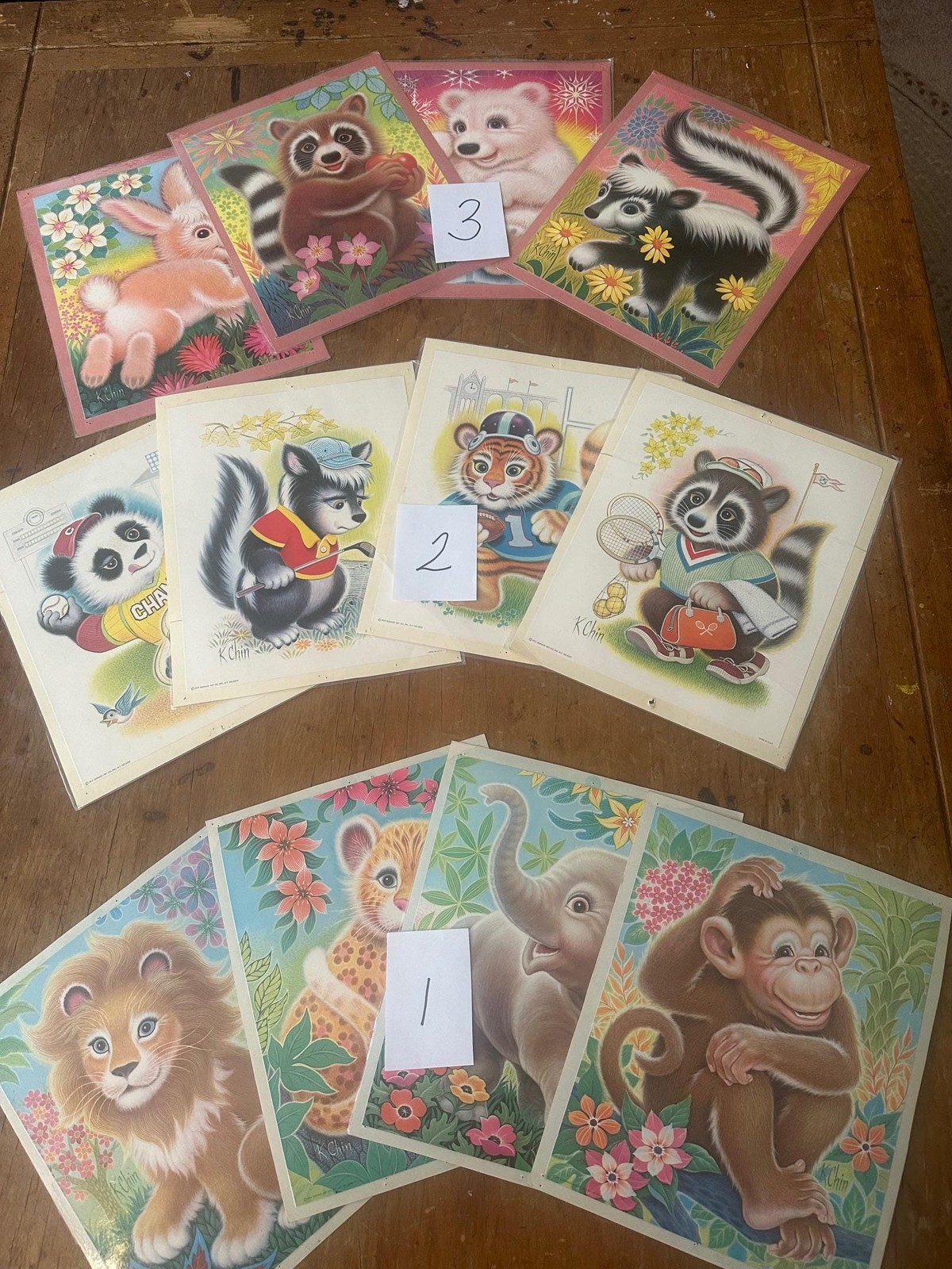 Vintage K. Chin, Animal Prints, 1970s, Nursery Art, Set of 4, Assorted