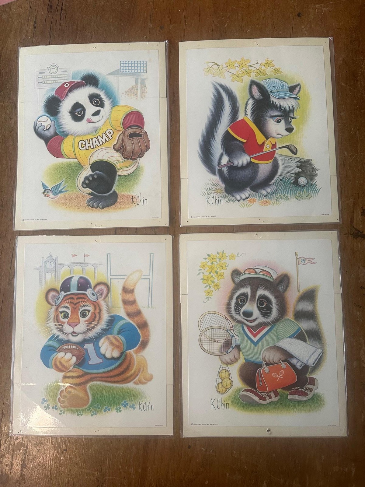 Vintage K. Chin, Animal Prints, 1970s, Nursery Art, Set of 4, Assorted