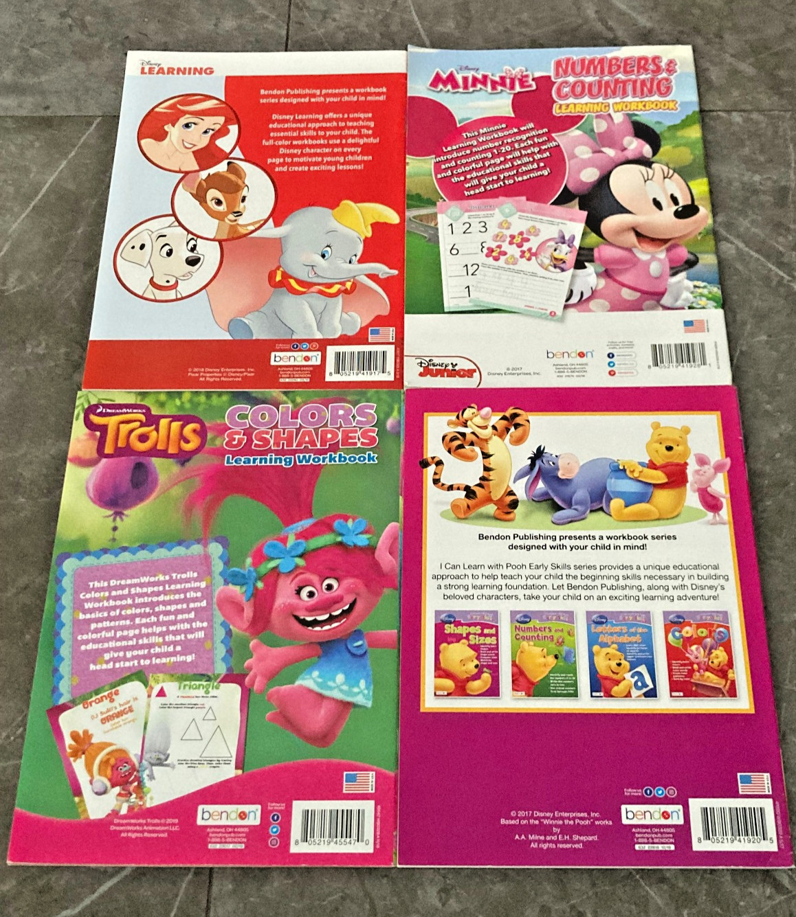 4x Disney Alphabet, Numbers, Shapes/Sizes + Trolls Colors/Shapes Workbooks