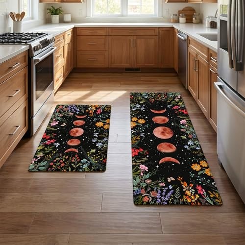 Kitchen Rug Mats for Floor Anti Fatigue Floral Boho Moon Kitchen Rugs Sets of 2