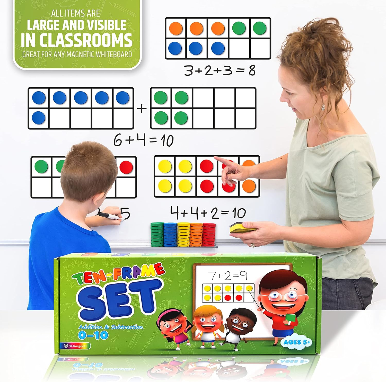 Magnetic Ten Frame Set: 4 Durable Ten-Frames + 50 Colorful Counters + 50 Math Fl