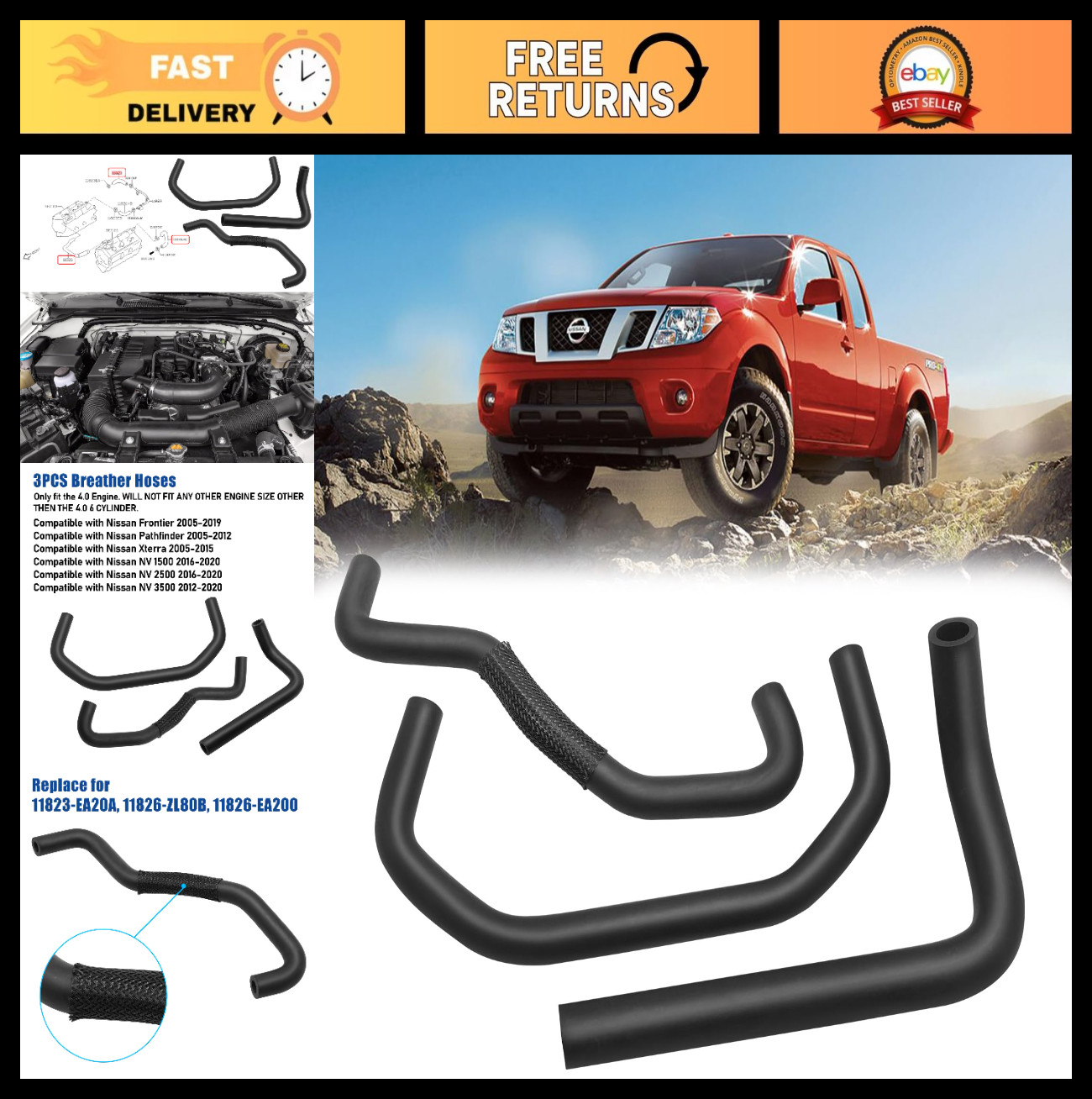 3PCS Breather Hoses for Nissan Pathfinder, Frontier, Xterra, NV 4.0L PCV Valve