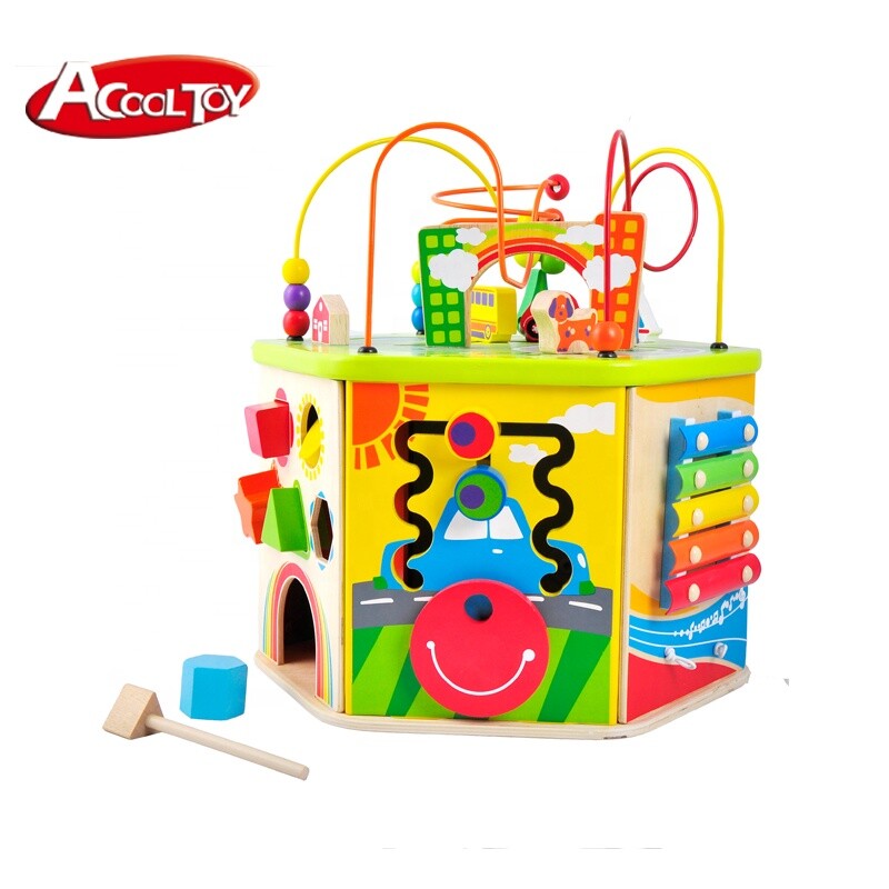 AC7608 My busy town,Wooden toy kid 7 in 1 rotated active cube toy six sides toys
