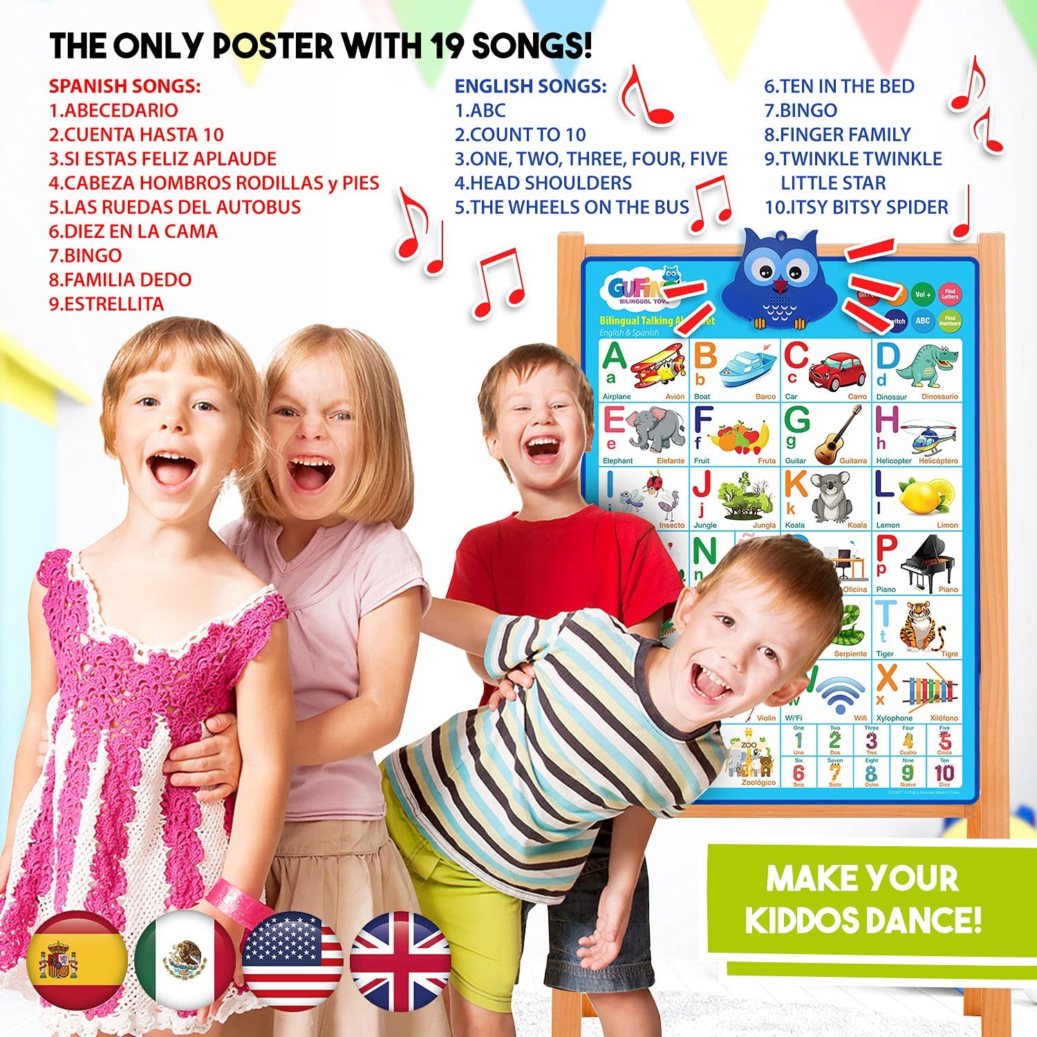 Interactive Bilingual ABC Wall Chart Touch Learning Toy for Kids 1-3 Years