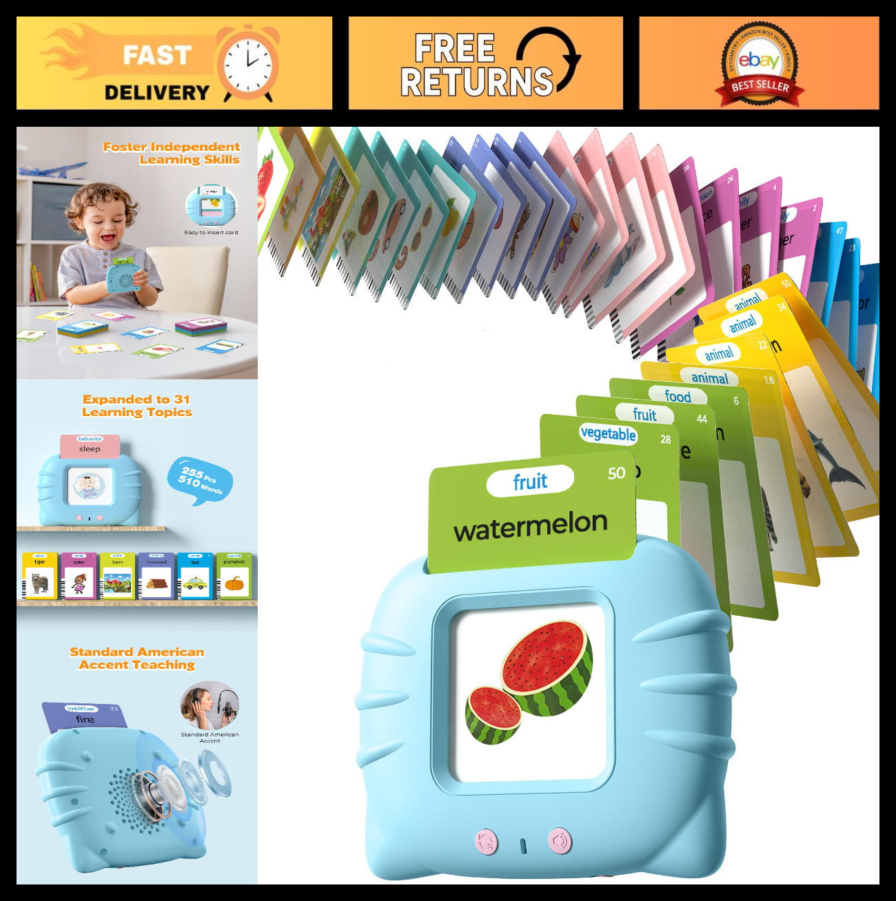 Talking Flash Cards for Toddlers 1-4 Years, Language Learning Toys, Montessori T
