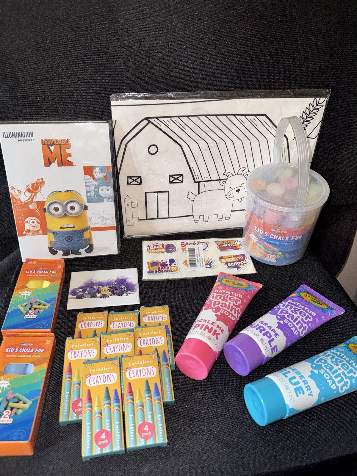 Kids Activity Bundle Chalk Paint Crayons Coloring Banner Minions DVD 20+ Pcs