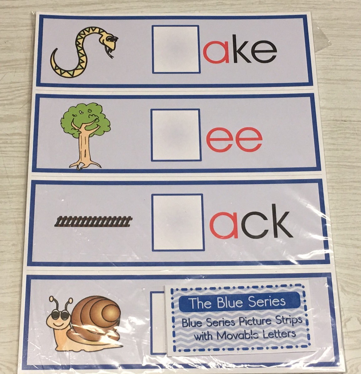 The Blue Series – 48 Picture Strips with Movable Letters Montessori