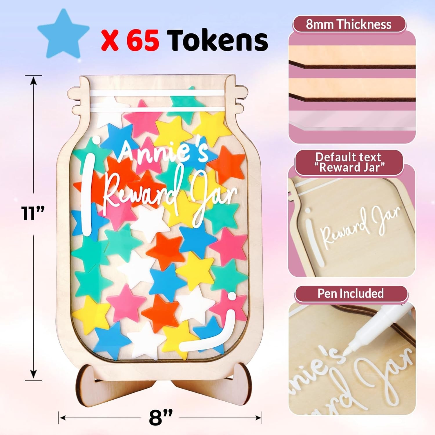 11″ DIY Name 65 Tokens Star Magnetic Reward Jar with Bookmark Gift for Classroom