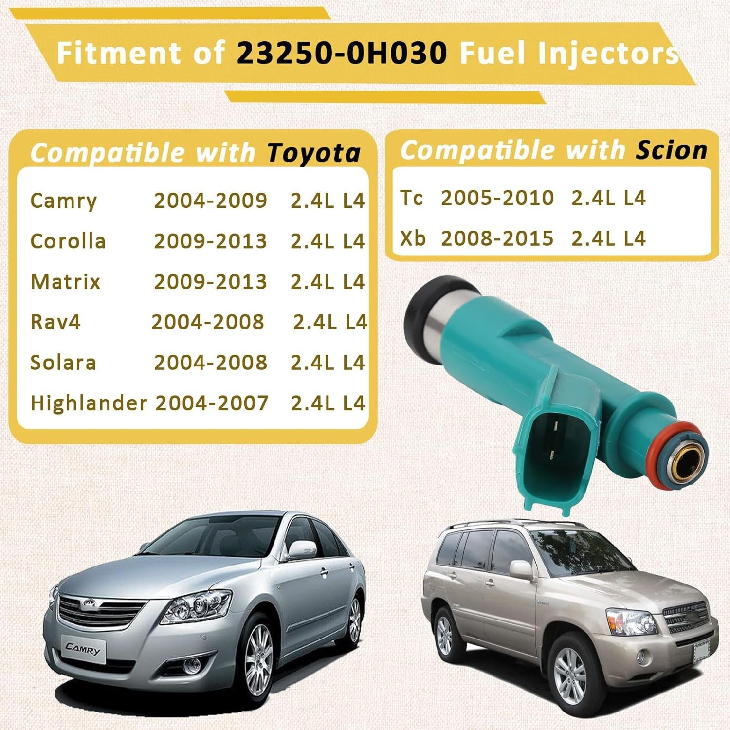 23209-0H030 OE 2.4L Fuel Injectors,Compatible with/Toyota 2.4L Camry Corolla …