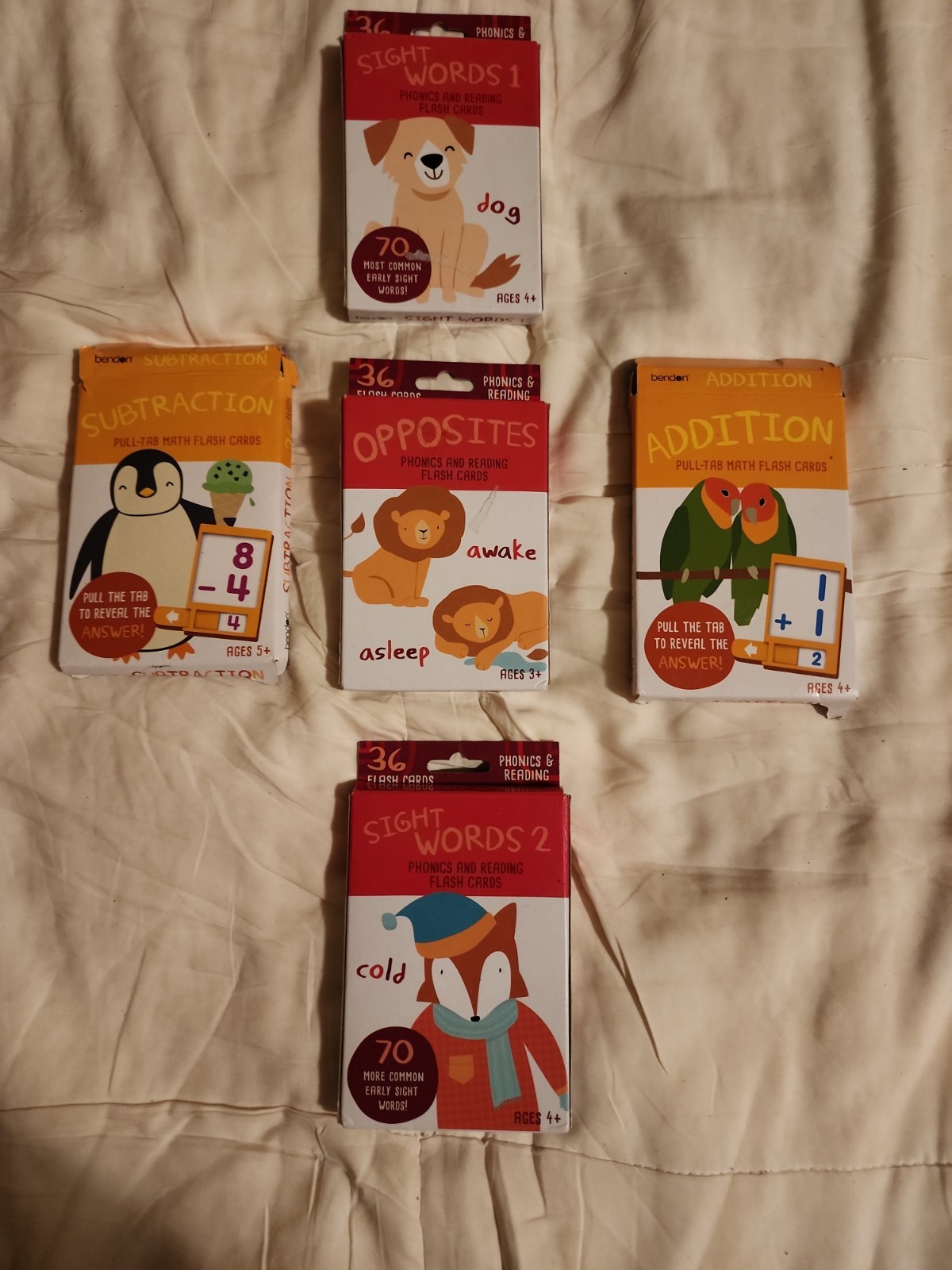 Lot of 5 Bendon Flash Cards: Math, Sight Words & Opposites – Complete