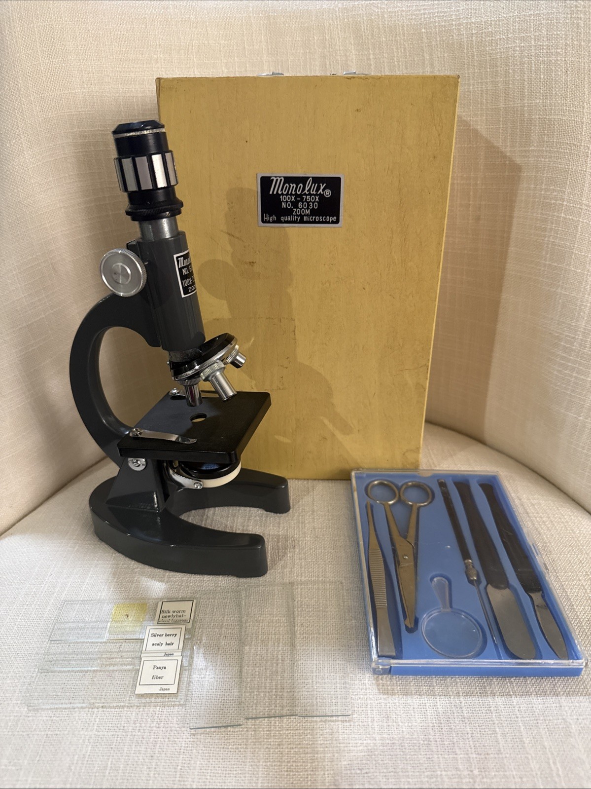 Vintage Monolux No. 6030 Microscope Kit 100x–750x Japan Wood Case READ