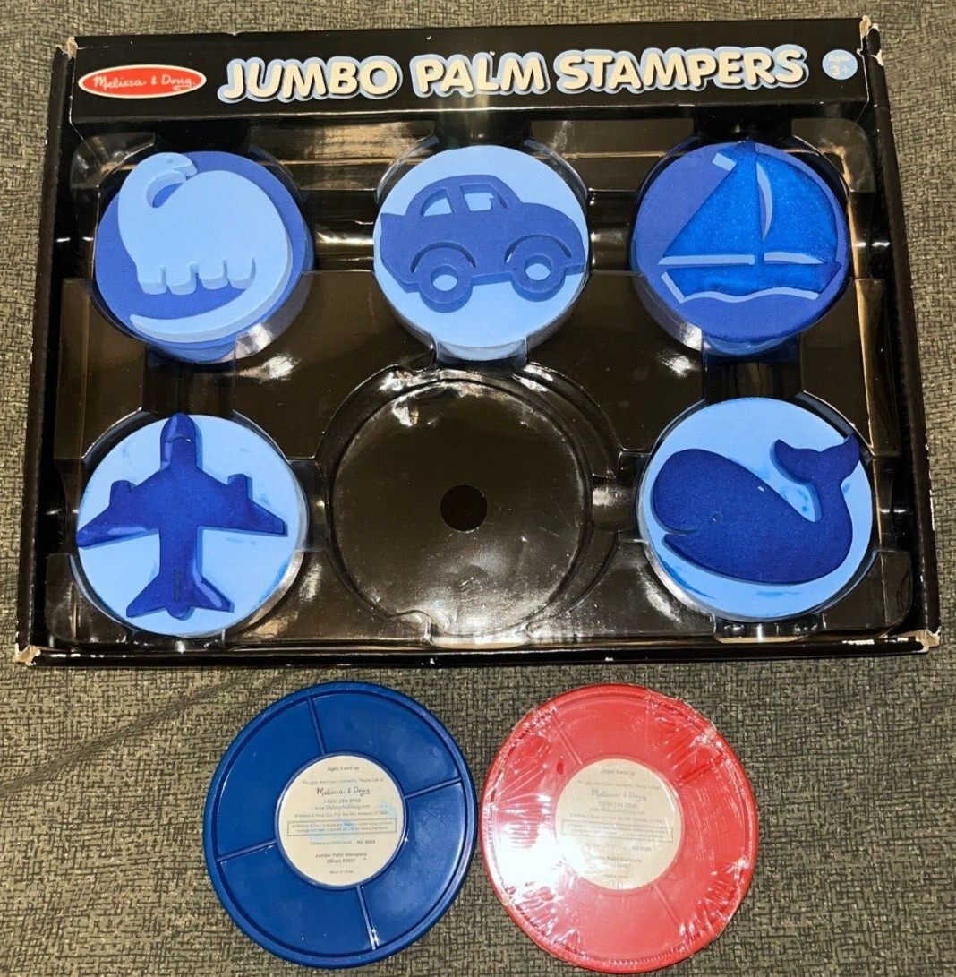 Melissa & Doug Jumbo Palm Stampers – Blue/Red Whale Car Plane Sailboat Dinosaur