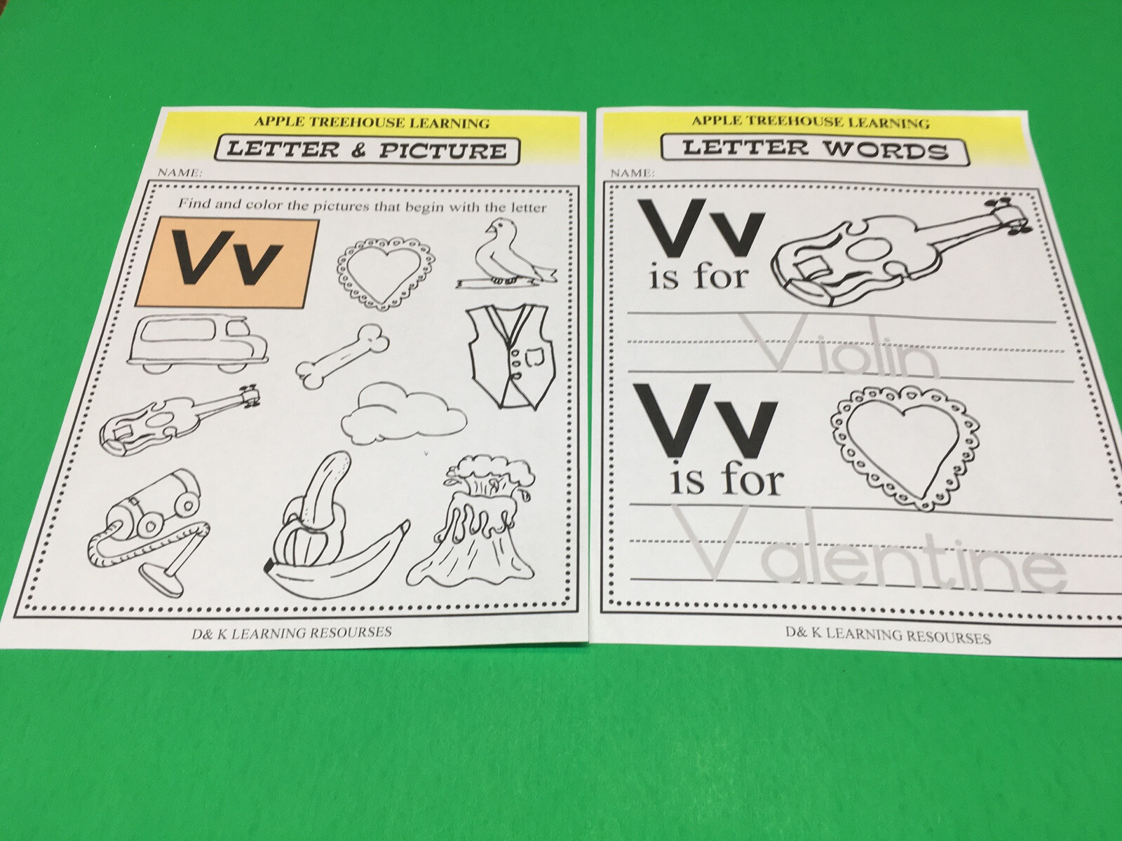 Letter Vv – Apple Treehouse Worksheets – Preschool Teaching supplies 20pgs