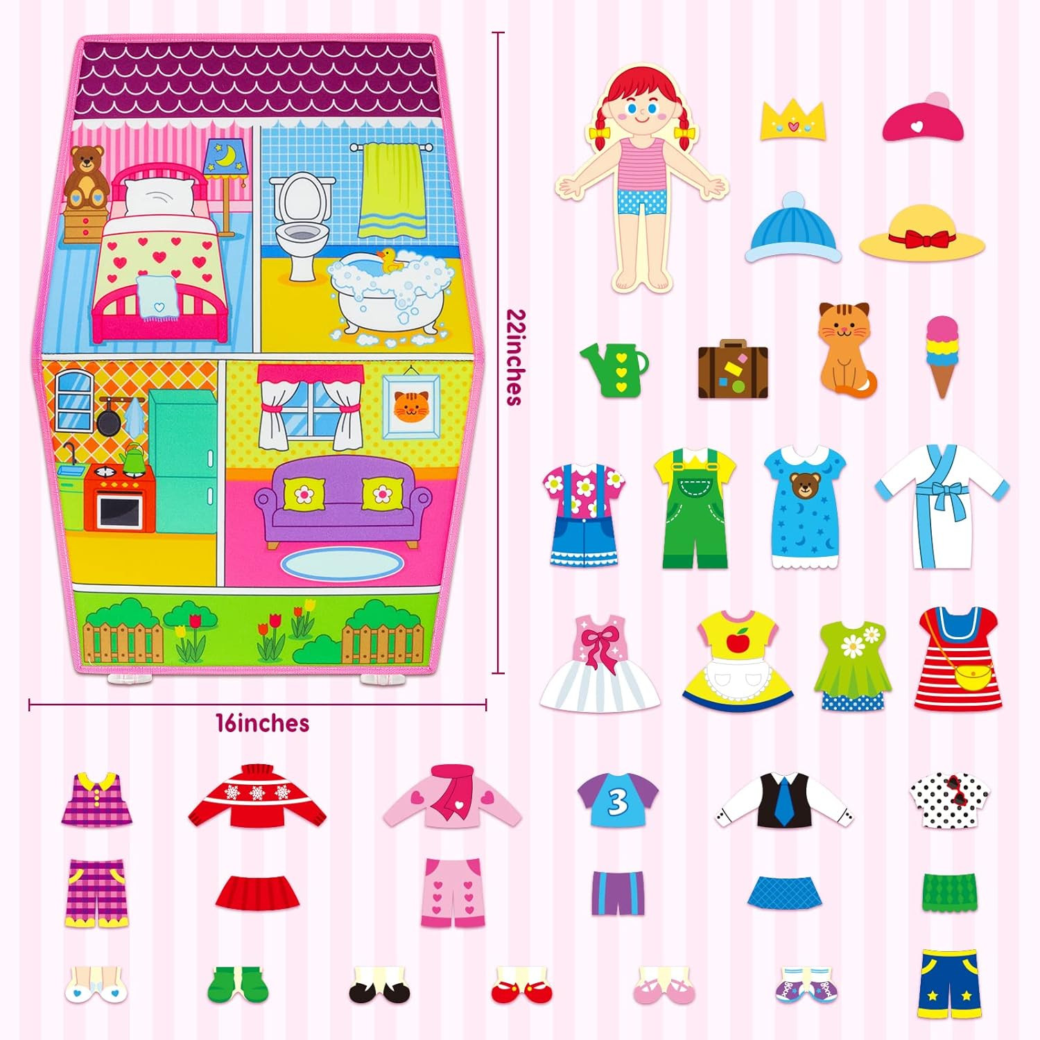 Dress up House Felt Board 35PCS Double-Sided Foldable Dress up Teaching Girls To