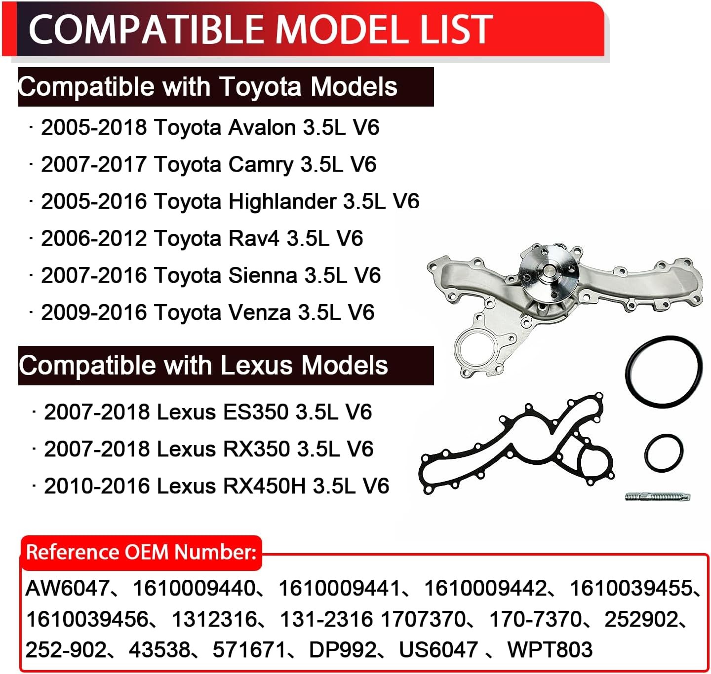 AW6047 Engine Water Pump w/Gasket Compatible with 2005-2018 Toyota Avalon Camry