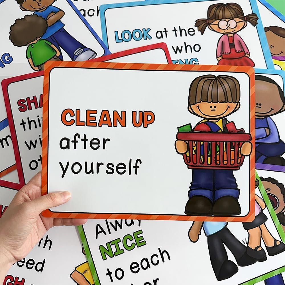 Zwttey 15 Pcs A4 Size Classroom Rules Educational Posters for Preschool, Homesho