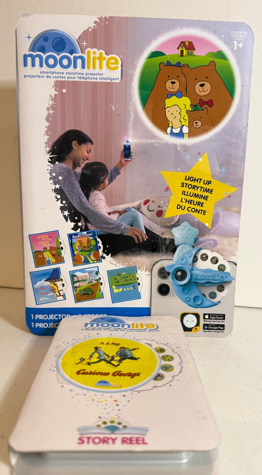 MOONLITE Mini Projector with 5 Classic Fairy Tale Stories & Curious George