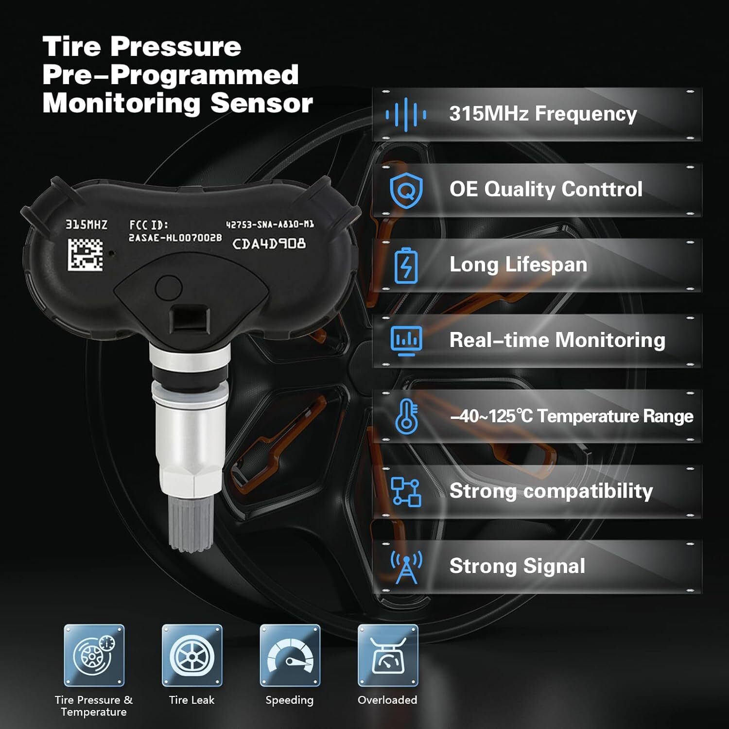 TPMS Sensor, 315MHZ Tire Pressure Monitor System 4-Pack for 2008-2017 Honda