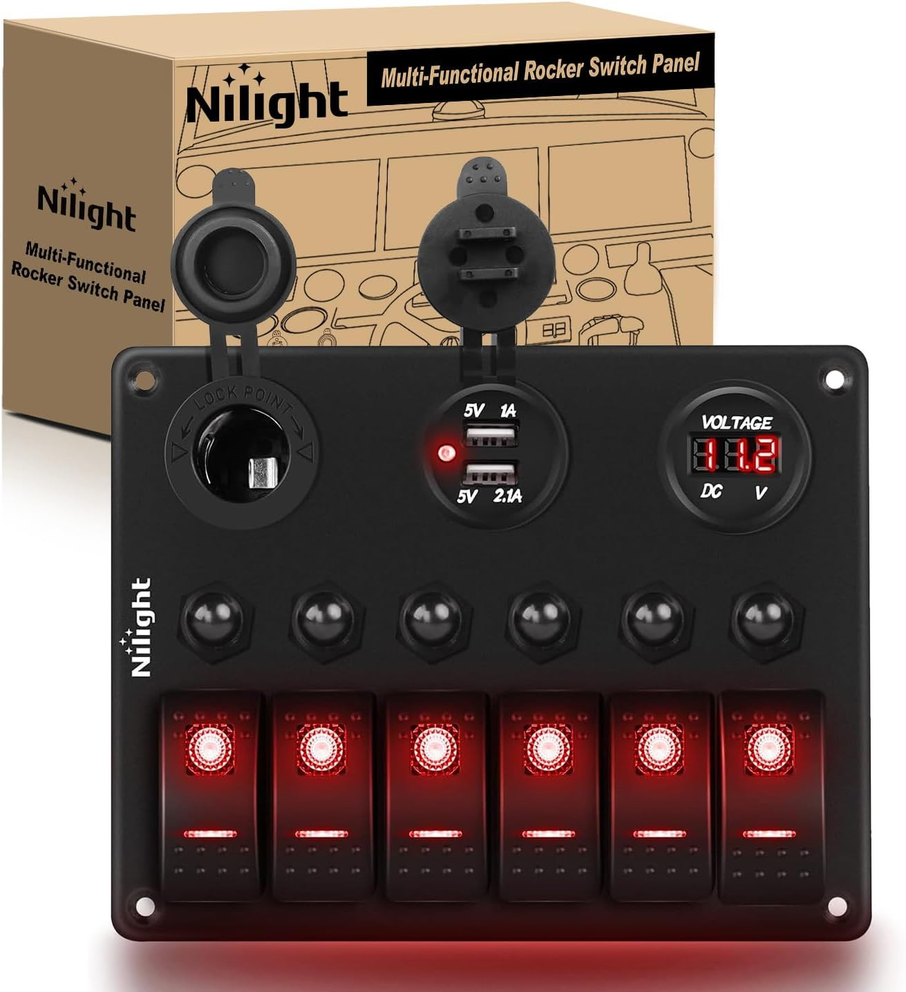 Nilight 6 Gang on off Rocker Switch Panel Red Backlit 12V 24V LED Digital