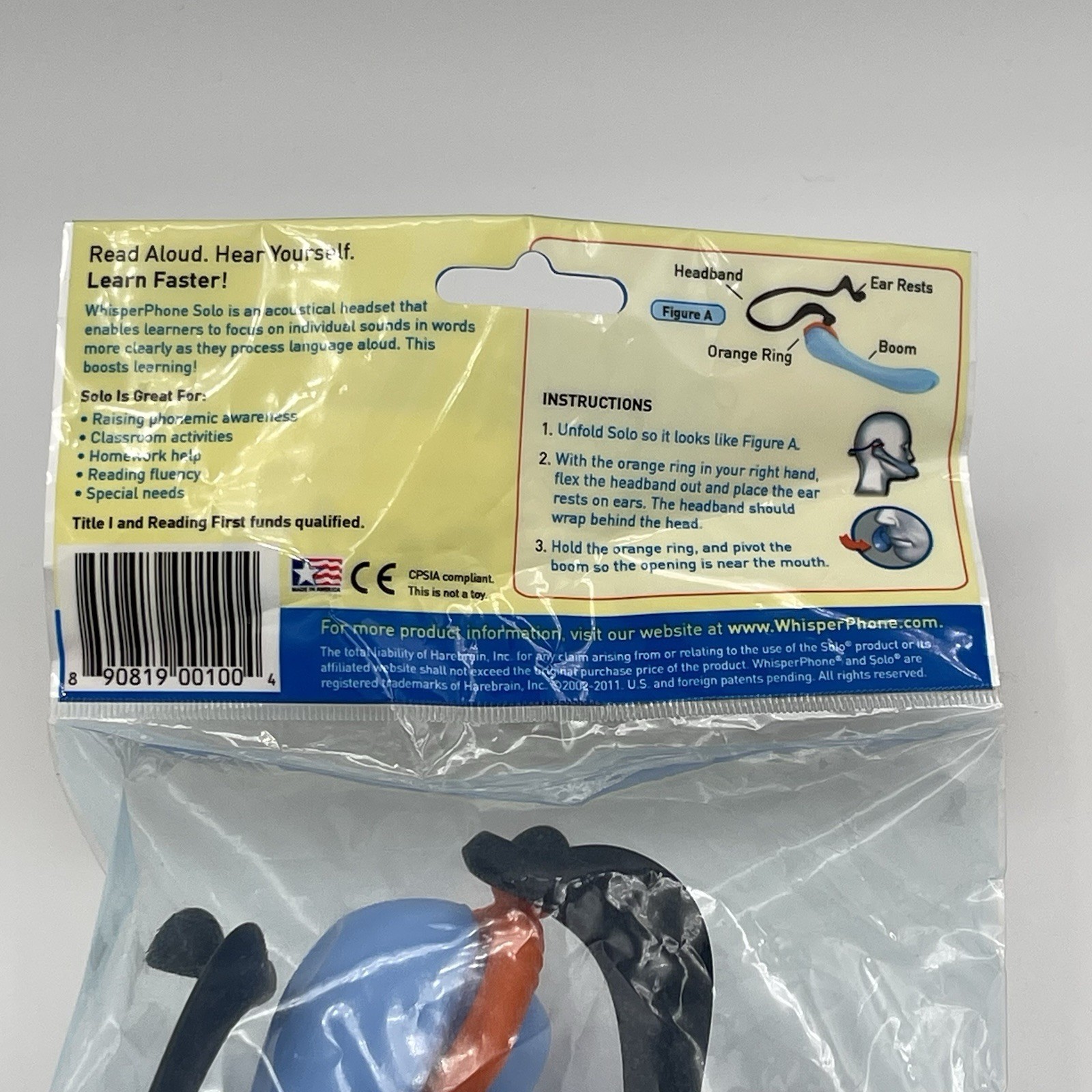 Harebrain WhisperPhone Solo Language Reading Headset Grade K-4th Size Small New
