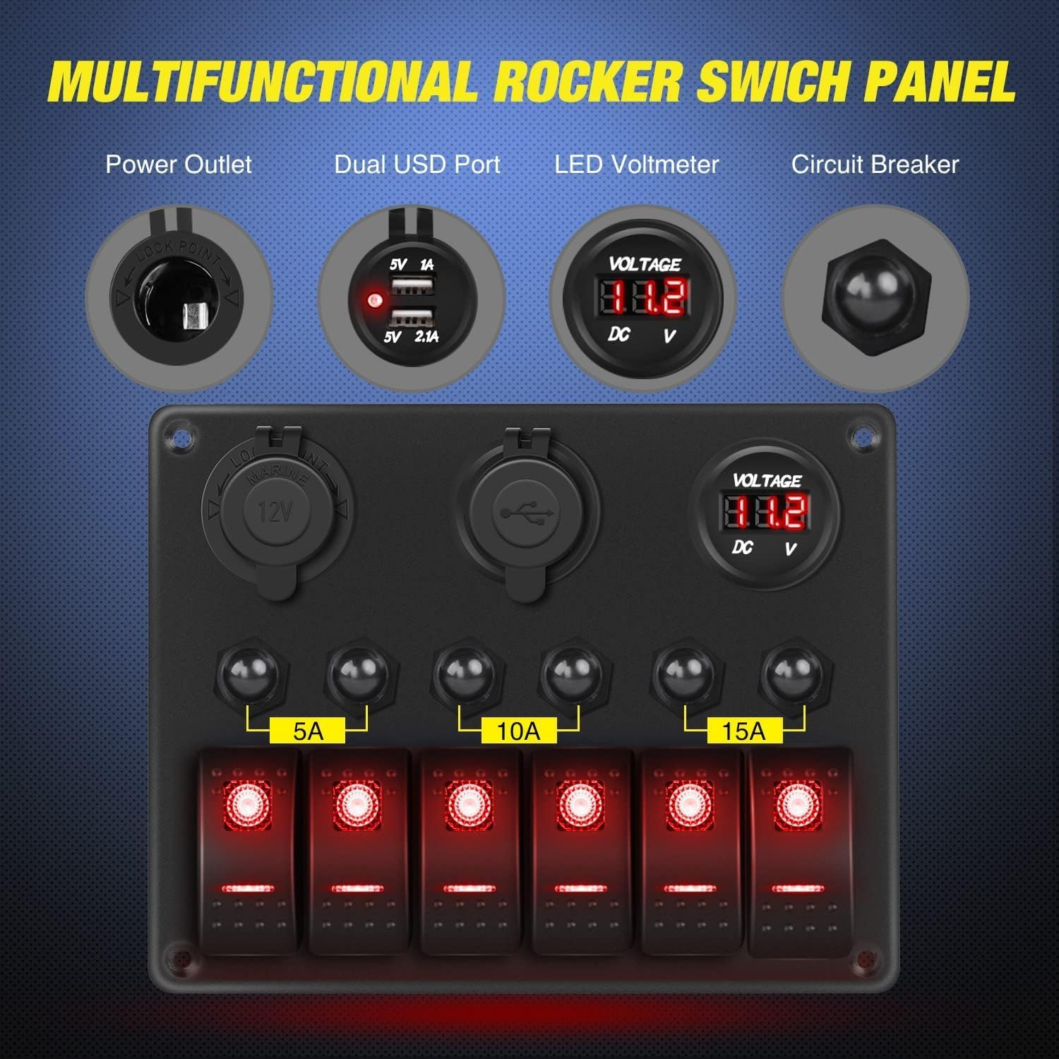 Nilight 6 Gang on off Rocker Switch Panel Red Backlit 12V 24V LED Digital